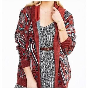 Ecote UO Orange Gray Aqua Aztec Western Open Front Hooded Cardigan Sweater XS